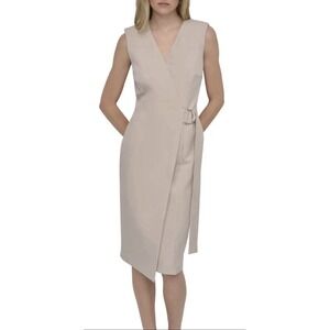 DKNY Beige Sleeveless Belted Midi Sheath V-Neck Dress Size 8 Retails $139